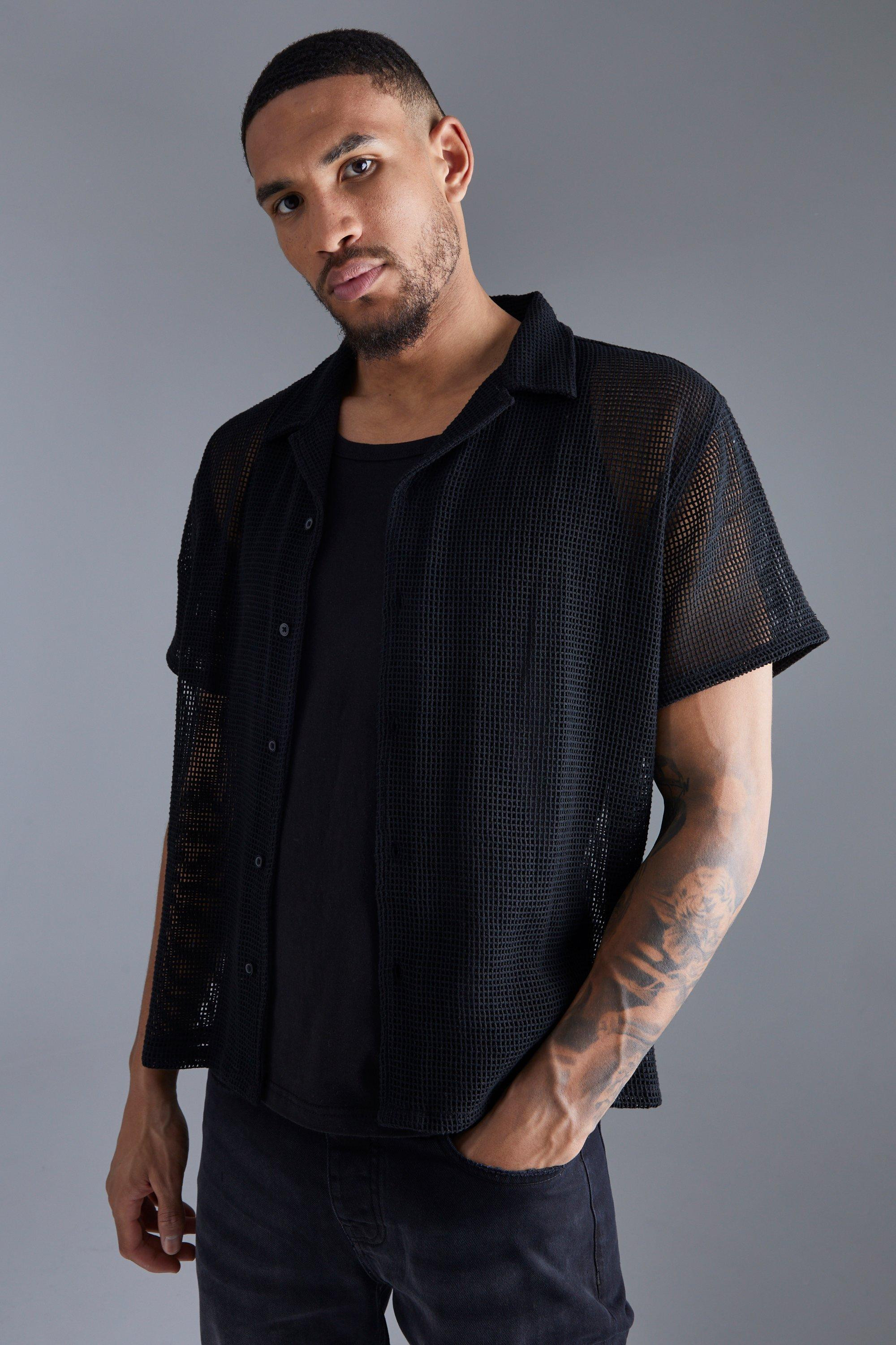 Tall Short Sleeve Boxy Open Weave Shirt | boohooMAN (US & CA)