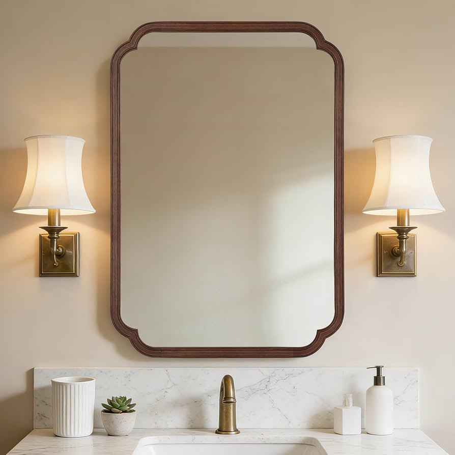 WallBeyond 28" x 40" Wood Bathroom Mirror for Wall Mounted, Rustic Rounded Corner Vanity Mirror f... | Amazon (US)