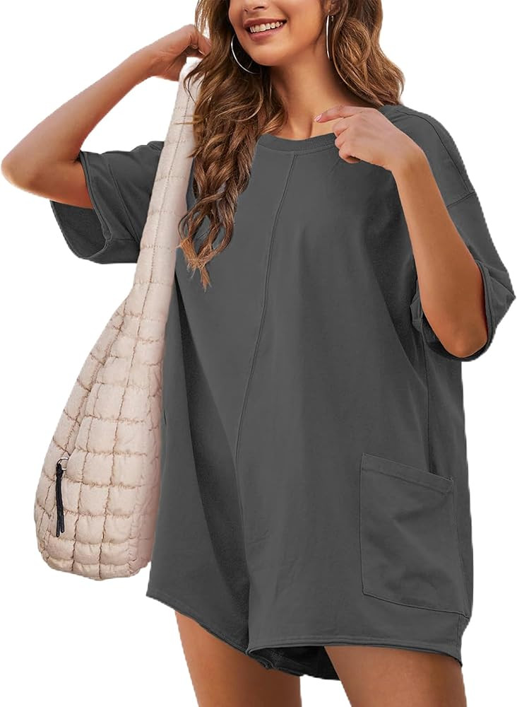 Women's Oversized Tee Rompers Hot Shot One Piece Short Sleeve Backless Jumpsuits V Neck Shorts Ov... | Amazon (US)