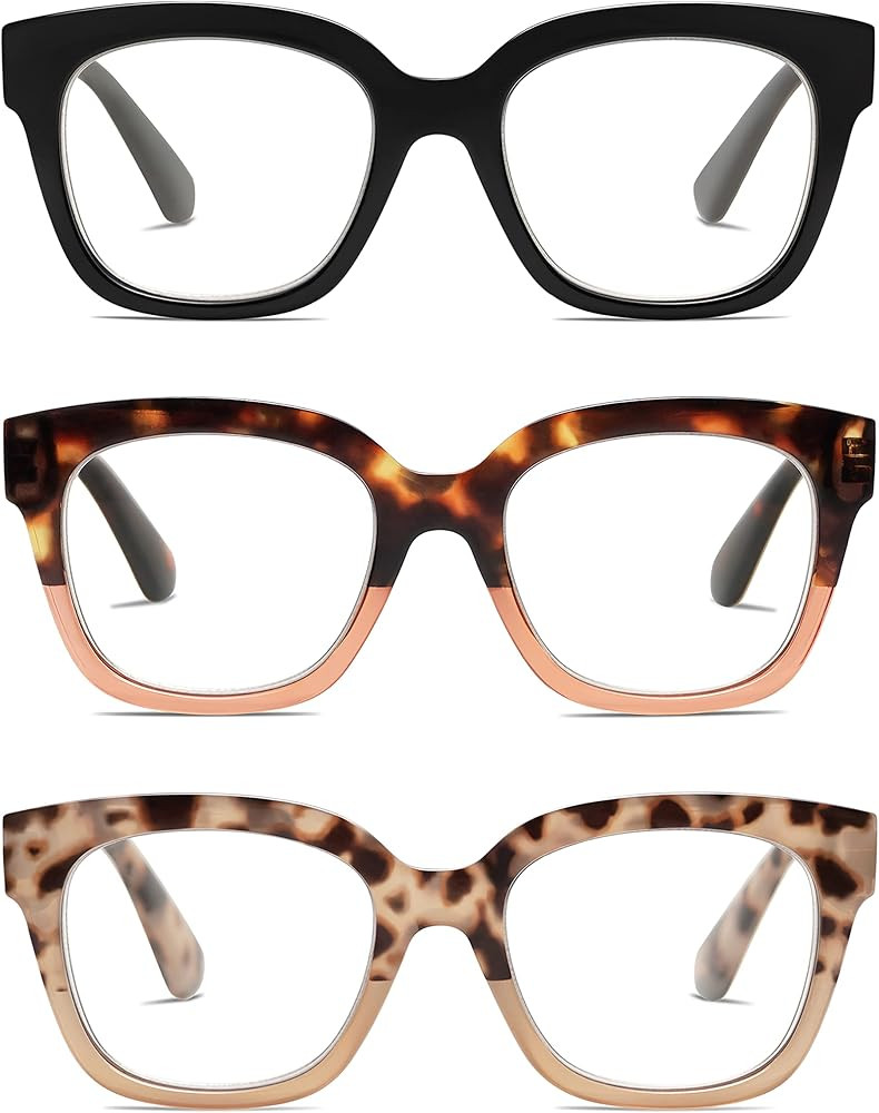 3-Pack Retro Square Reading Glasses for Women Trendy Blue Light Blocking Readers 1.5 2.0 2.5 with Sp | Amazon (US)