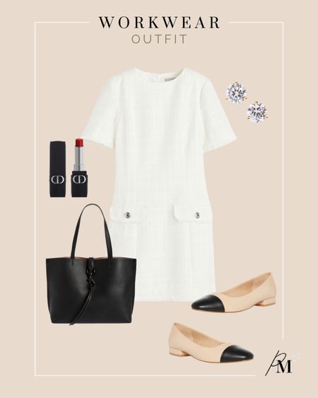 white tweed boucle dress 
steve madden ballet flat
black leather tote bag

#LTKstyletip #LTKfindsunder100 #LTKworkwear