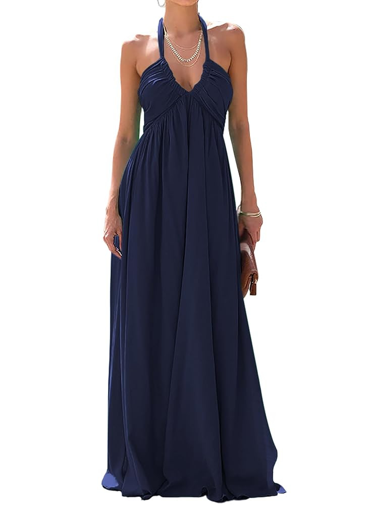 Maxi Chiffon Dresses for Women 2025 Sexy Halter V Neck Backless Smocked High Waisted A Line Beach... | Amazon (US)
