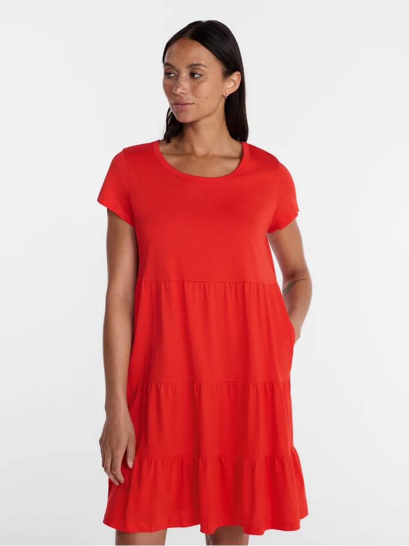 Time and Tru Women's Tiered Cotton Mini Dress with Short Sleeves, Sizes XS-XXXL | Walmart (US)