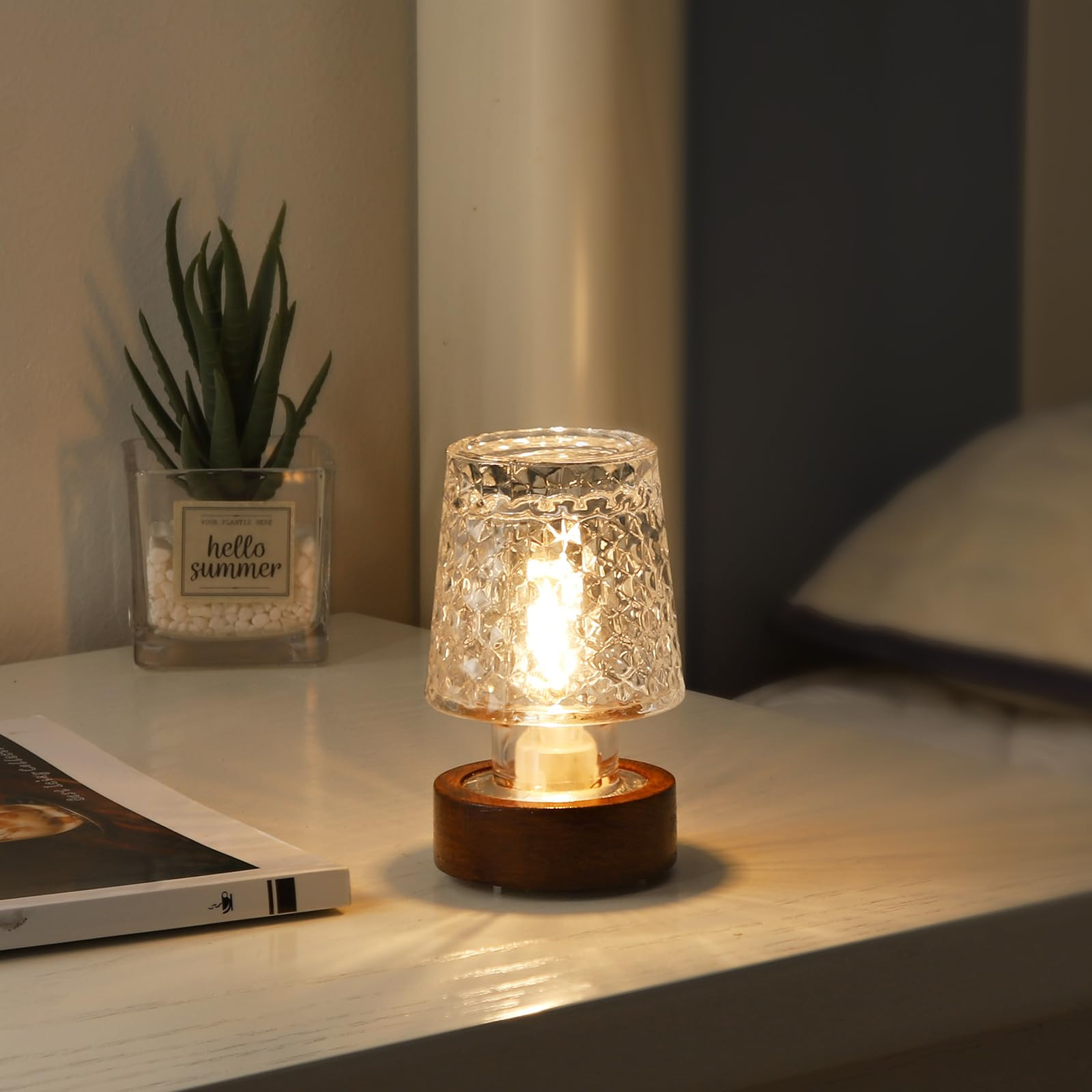 Mini Soft Warm LED Night Light, Battery Operated Portable Glass Lamp with Timer, Art Deco Style, ... | Amazon (US)