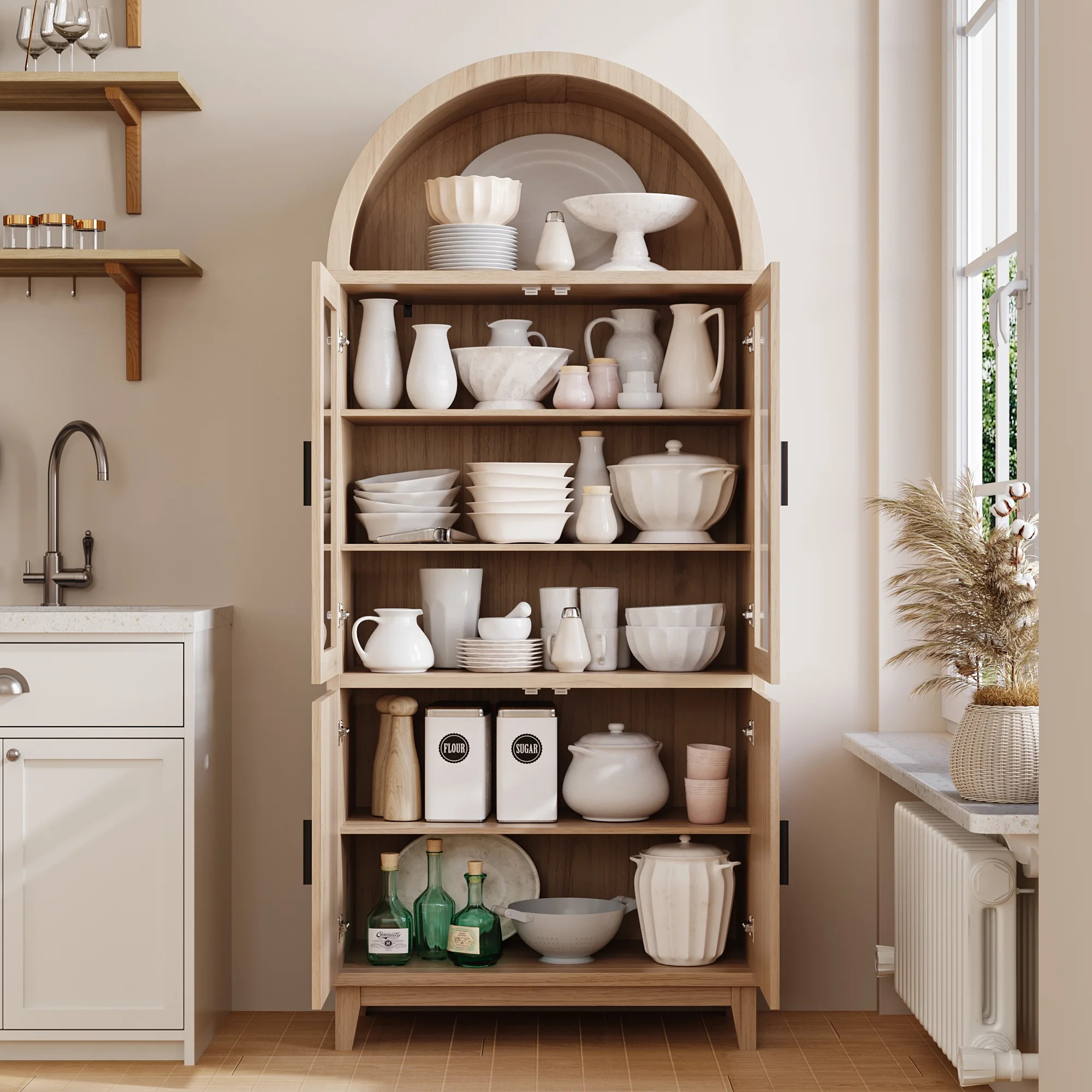 VEANERWOOD 71" Tall Arch Cabinet, Wood Fluted Kitchen Kitchen Storage Cabinet with 4 Doors and 6 ... | Walmart (US)