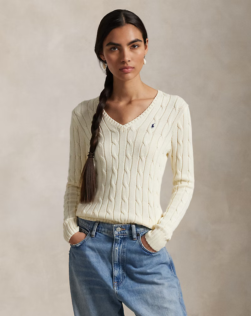 Cable-Knit Cotton V-Neck Jumper | Ralph Lauren (UK)