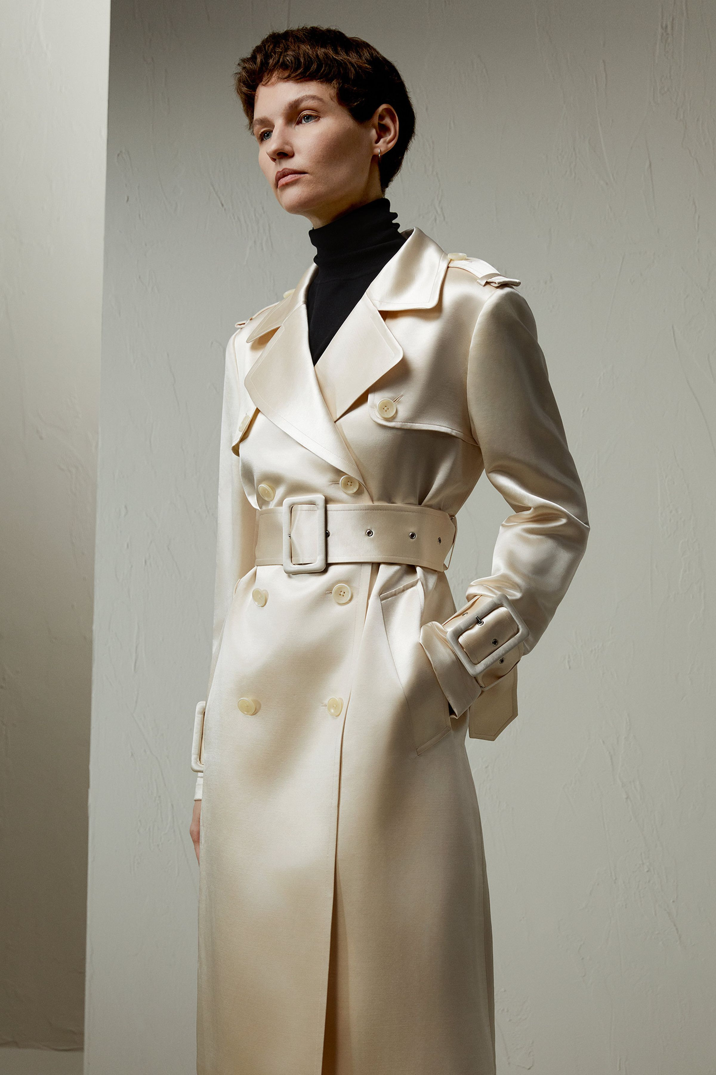 Double Breasted Silk-Blend Belted Coat | LilySilk