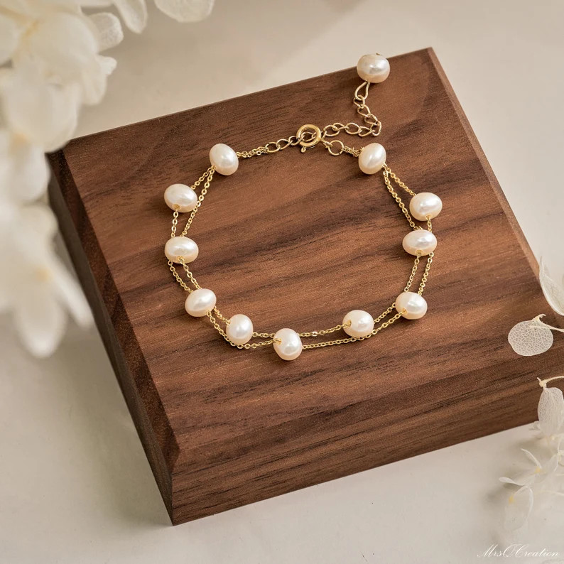 Double Chain Pearl Bracelet, Layer Gold Bracelet, Natural Freshwater Pearls Bracelet, Wedding Bra... | Etsy (Global)