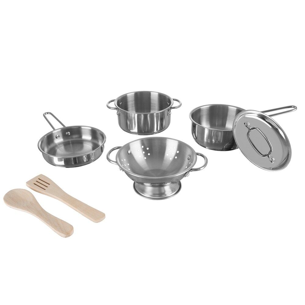 Kids Pots and Pans-Mini Stainless-Steel Colander, Pot, Skillet, Sauce Pan, Lid and 2 Wooden Utensils | Bed Bath & Beyond