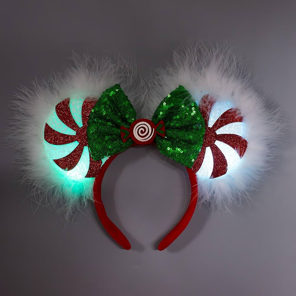 JIAHANG Christmas LED Flash Mouse Ear Headband, Lollipop Light Up Furry Edged Sequin Bow Hairband... | Amazon (US)