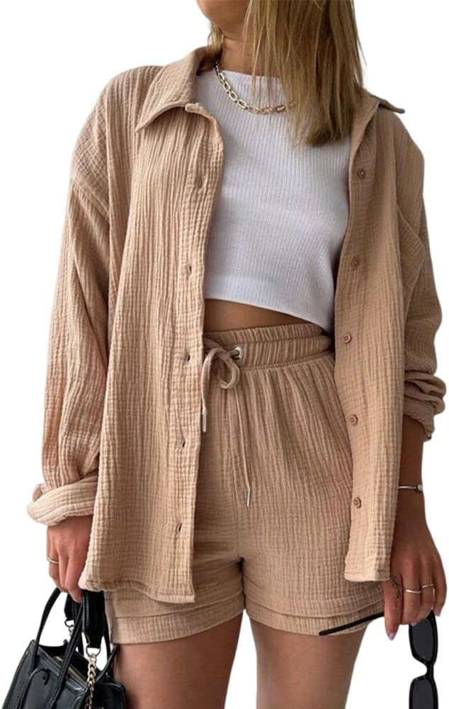 PAODIKUAI Women's Casual 2 Piece Outfits Wrinkled Long Sleeve Button Down Shirt and Shorts Set | Amazon (US)