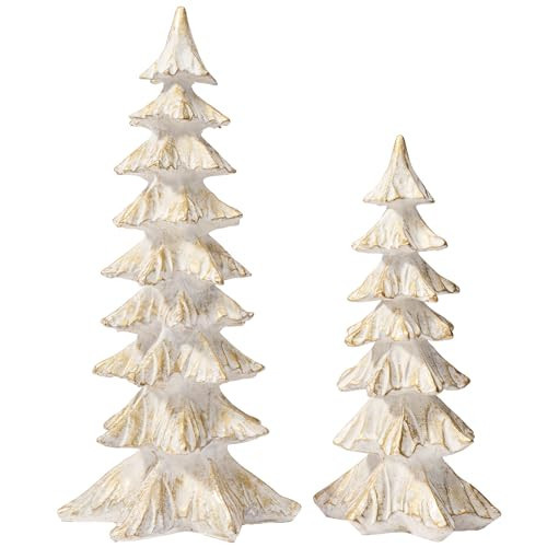 DN DECONATION White and Gold Christmas Tree Figurines, Set of 2 Neutral Tabletop Xmas Trees, Vintage Resin Mini Pine Tree Decor for Mantel, Desk, Holiday Centerpieces | Amazon (US)