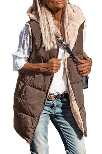 PRETTYGARDEN Womens 2025 Fall Reversible Long Vests Sleeveless Fleece Jacket Zip Up Hoodie Pockets Warm Coat Winter Clothing (Coffee,Medium) | Amazon (US)