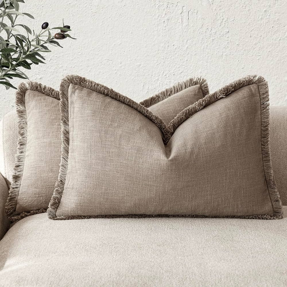 Foindtower Set of 2 Decorative Linen Fringe Lumbar Throw Pillow Covers Boho Farmhouse Cushion Cov... | Amazon (US)