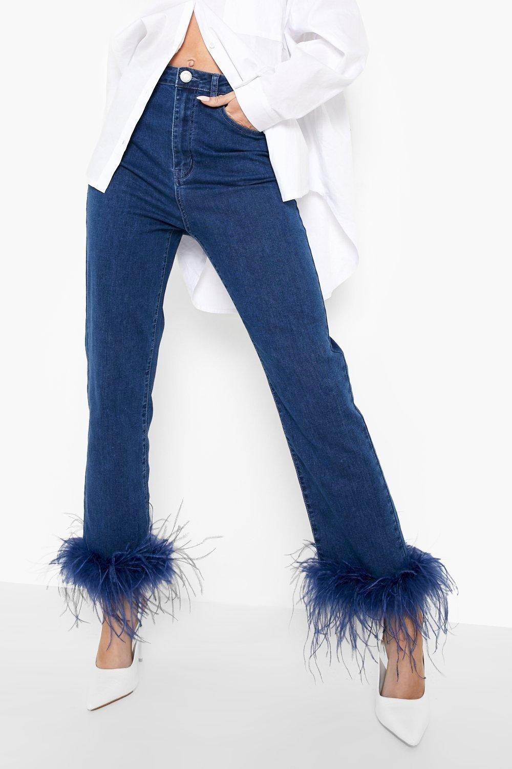 Feather Trim High Waisted Straight Leg Jeans | boohoo (US & Canada)