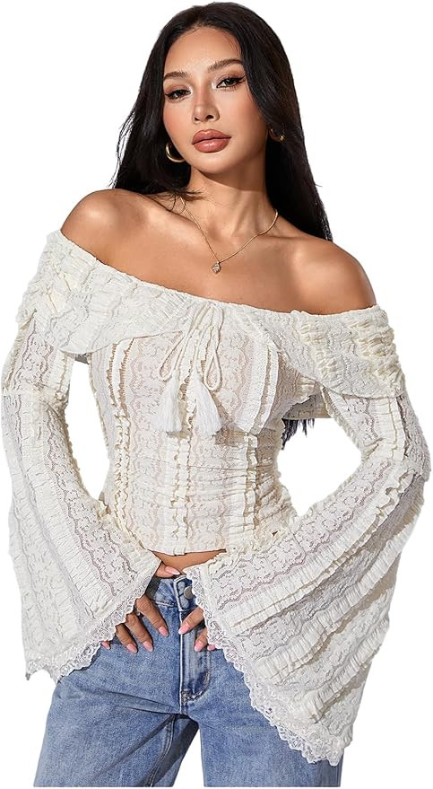 MakeMeChic Women's Off The Shoulder Lace Tank Tops Going Out Bell Sleeve Crop Tops Summer Y2K Out... | Amazon (US)