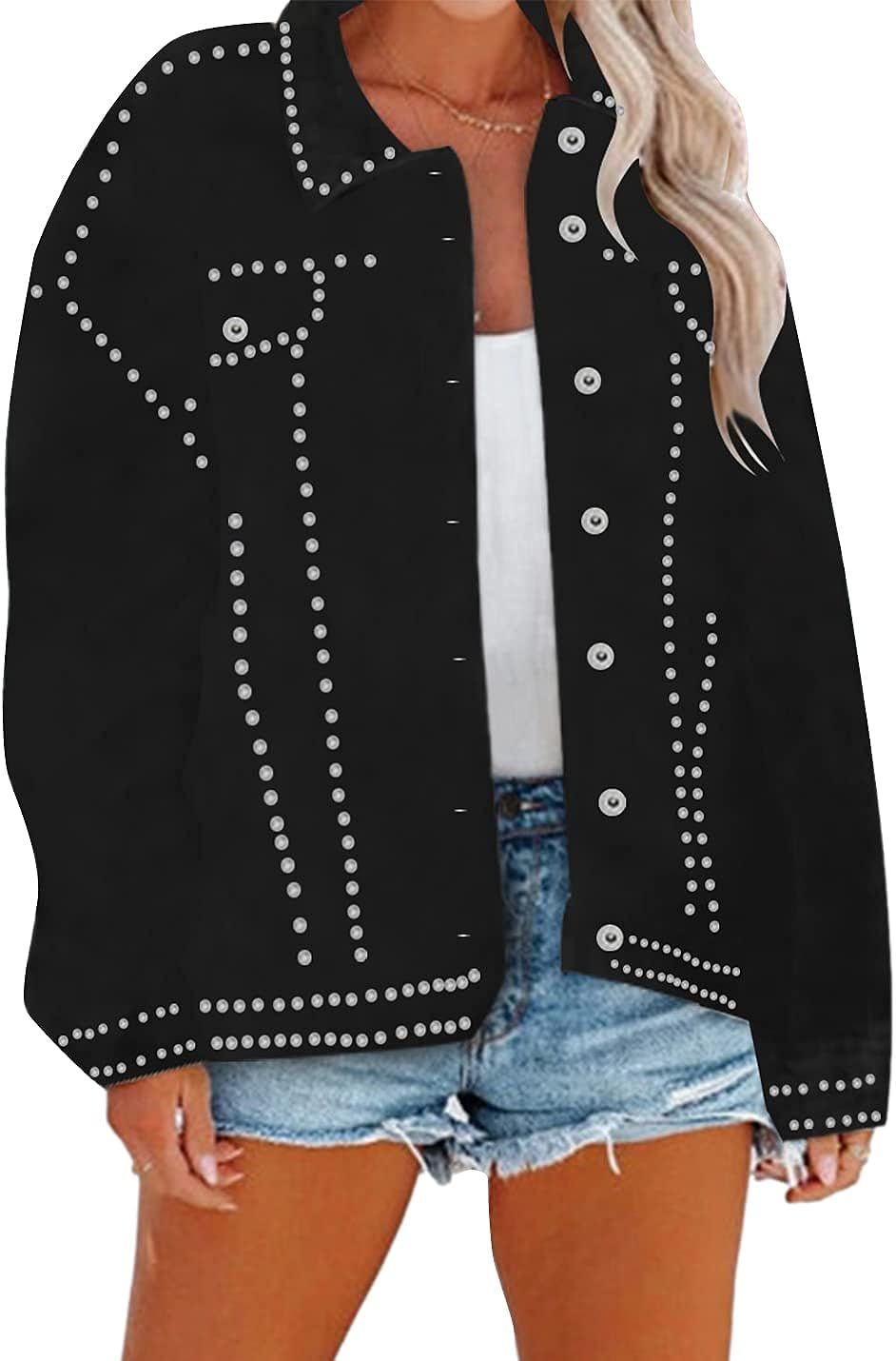 Xishiloft Women's Oversized Punk Denim Jacket Studded Rivet Boyfriend Button Down Coats | Amazon (US)
