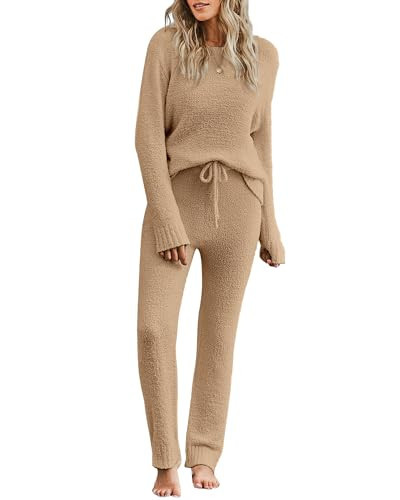 luvamia Lounge Sets For Women Fuzzy Two Piece Pants Set For Women Fleece Knitted Long Sleeve Pj Loungewear Beige Tan Size Large Fits US 12-14 | Amazon (US)