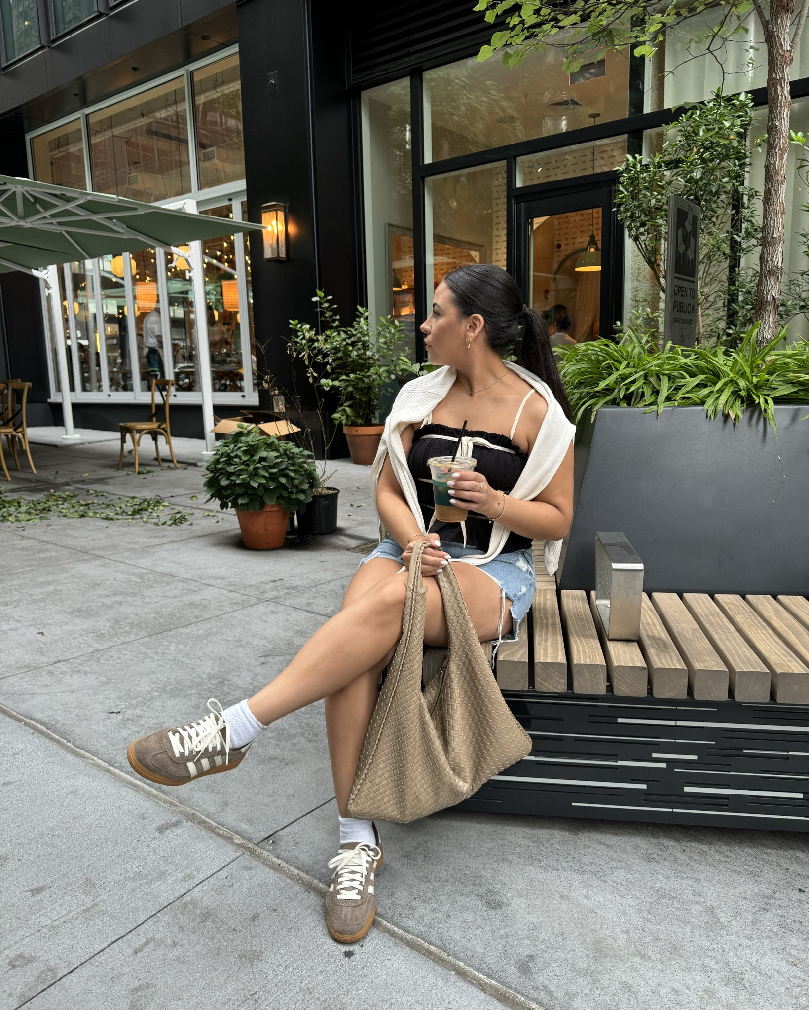Exploring nyc casual comfy outfit idea 
Contrast tiered tie front top: small 
Agolde denim shorts: 28
White cardigan: xs 
Adidas handball spezial sneakers: 4.5 men 
White ankle socks 
Woven shoulder tote bag 


#LTKNYFW 

#LTKStyleTip #LTKFindsUnder100