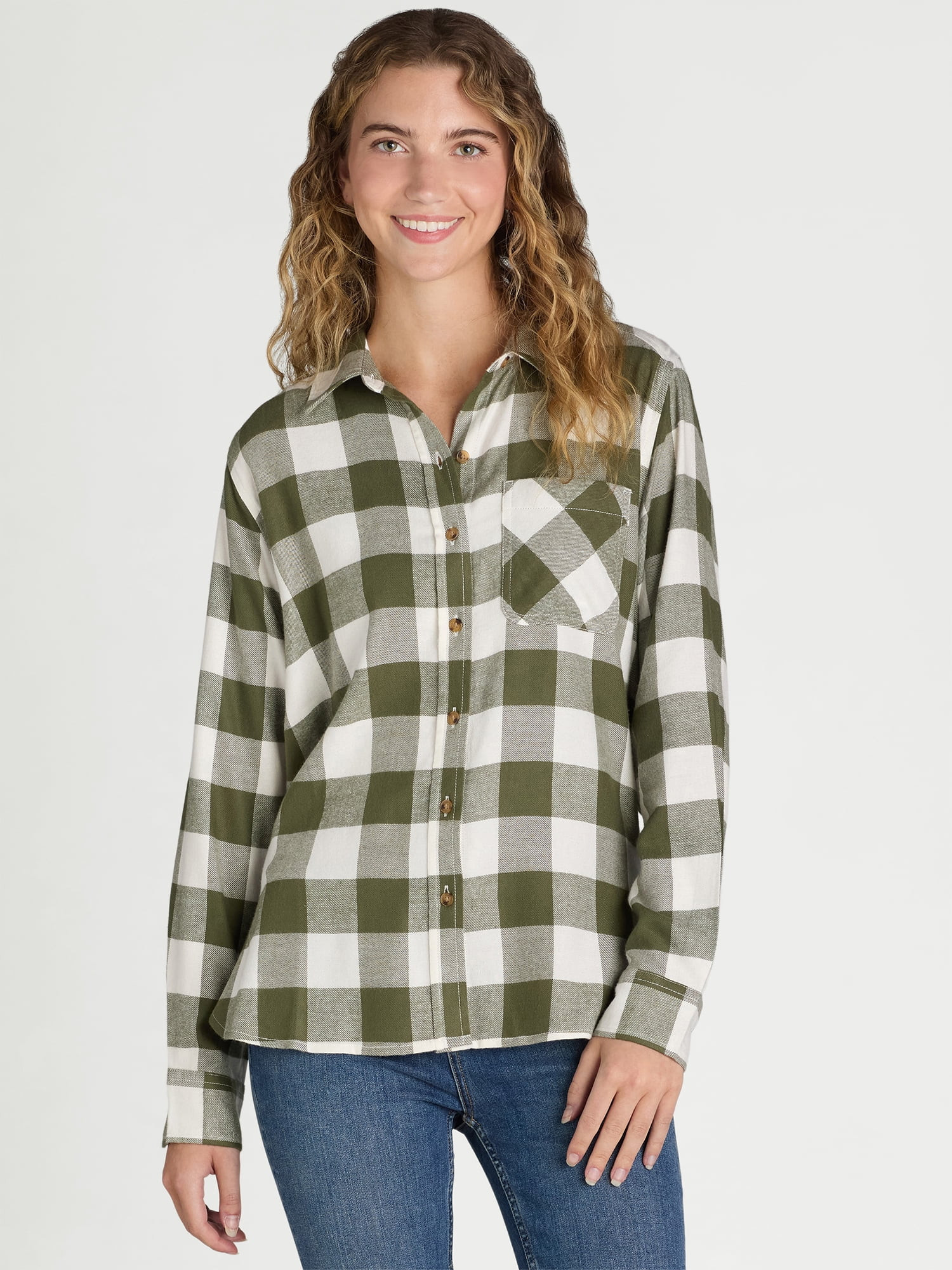 Time and Tru Women's Flannel Shirt with Long Sleeves, Sizes S-XXXL | Walmart (US)