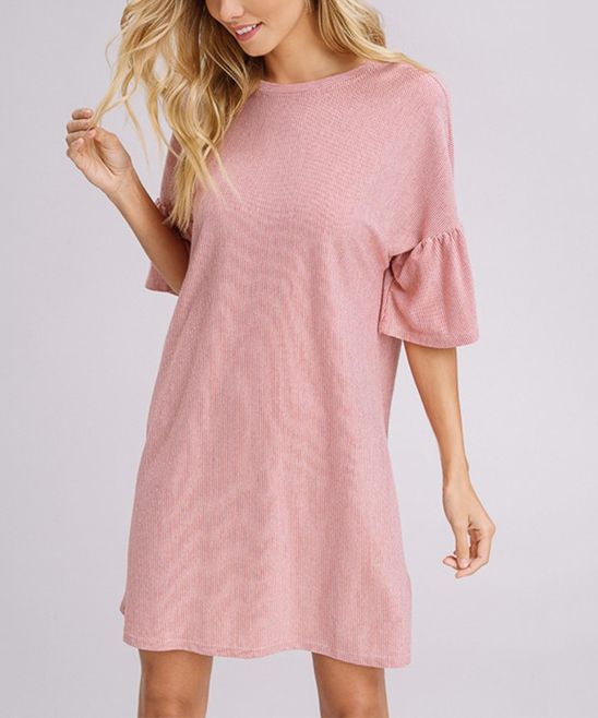 Ginger Pink Ruffle Short-Sleeve Tunic Dress - Women | zulily
