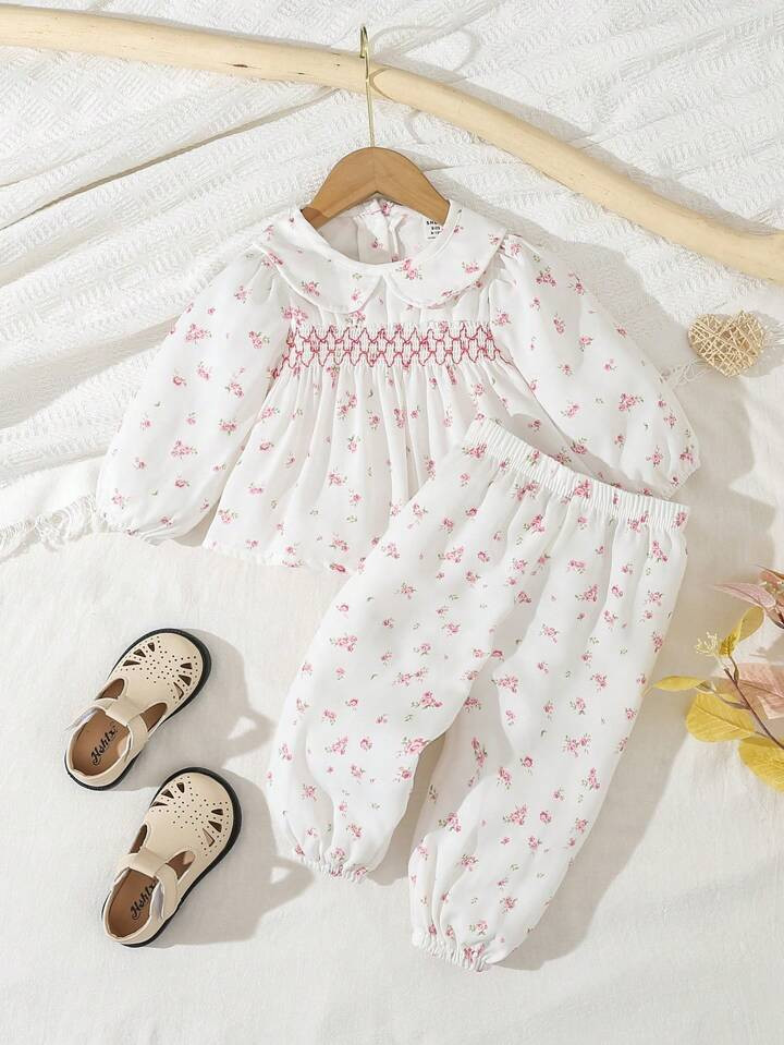 Souflis Baby Girls' Sweet Peter Pan Collar Ditsy Floral Print Bubble Sleeve Two Piece Set For Aut... | SHEIN