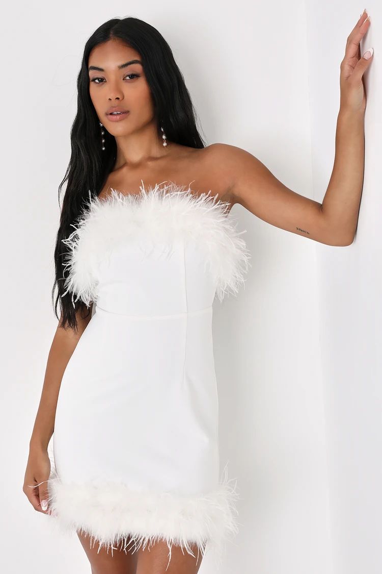 Your Feather Half White Strapless Feather Mini Bodycon Dress | Lulus (US)