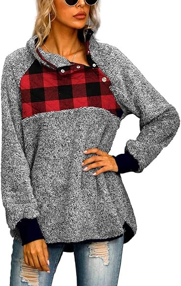 Famulily Women's Long Sleeve Asymmetrical Snap Neck Fleece Pullover Tops Sweater | Amazon (CA)