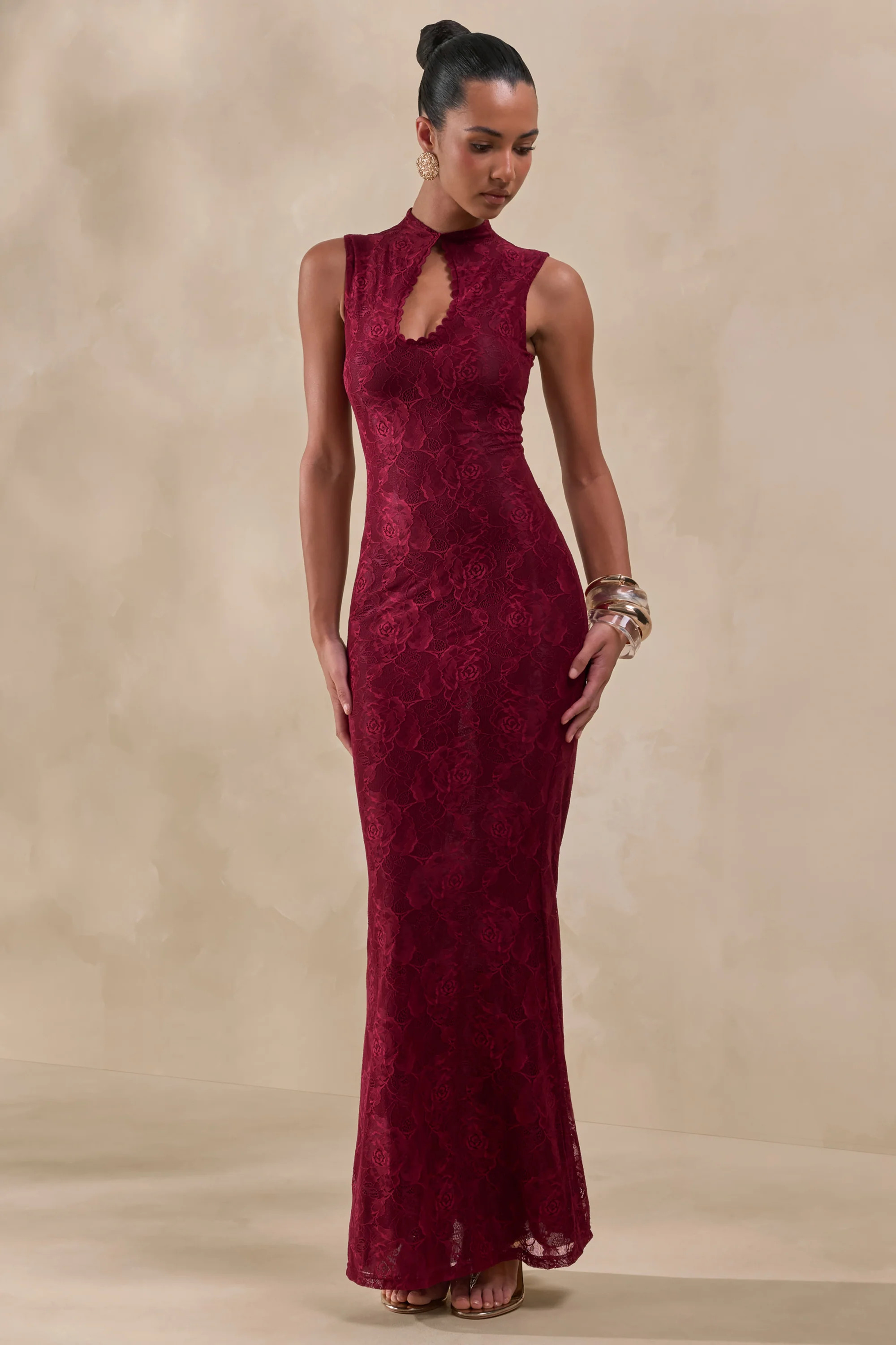 Ravissa | Burgundy Lace High-Neck Maxi Dress | Club L London
