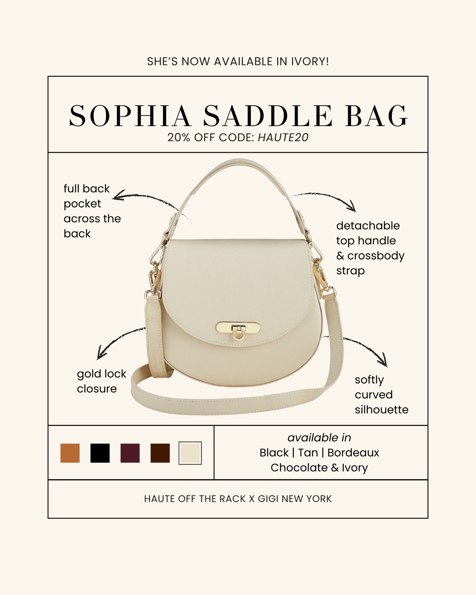 The Sophia bag now available in ivory and so perfect for spring!
Take 20% OFF with code: HAUTE20

#giginewyork #ivoryhandbag #whitehandbag #bridehandbag #salealert


#LTKSaleAlert #LTKSeasonal