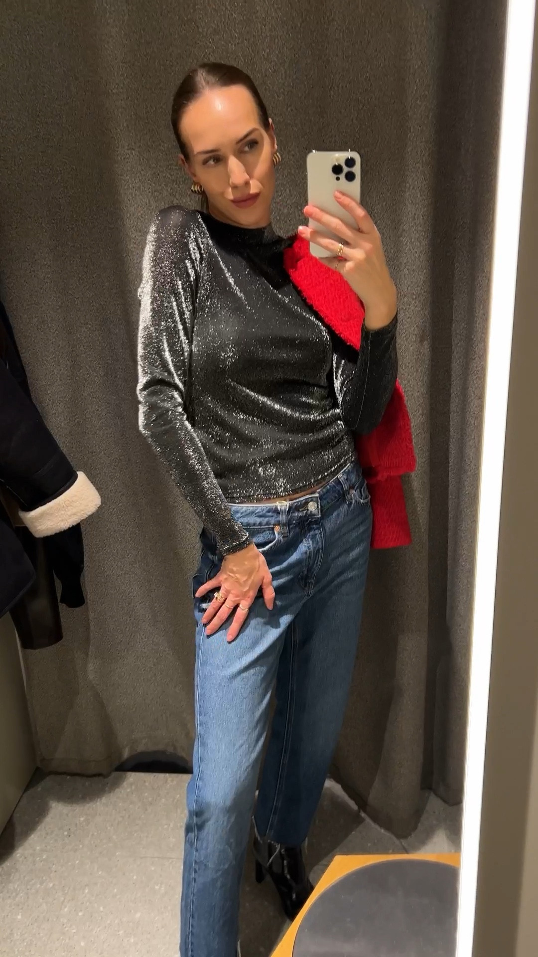 Mango new in f/w holiday collection try on outfits red jumper shearling jacket sequin top white midi skirt

#LTKSeasonal #LTKworkwear #LTKHoliday