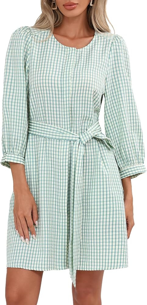 Ladyful Women's Summer Gingham Dress Crewneck 3/4 Puff Sleeve Plaid Self Tie Hidden Button Shirt ... | Amazon (US)