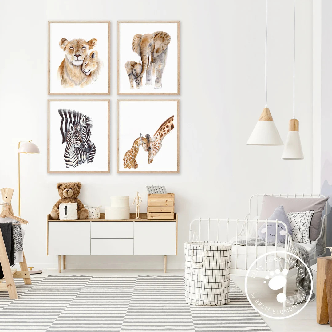 Safari Animals Art, African Nursery Art, Set of 4, African Animals, Nursery Decor, Mom and Baby A... | Etsy (US)