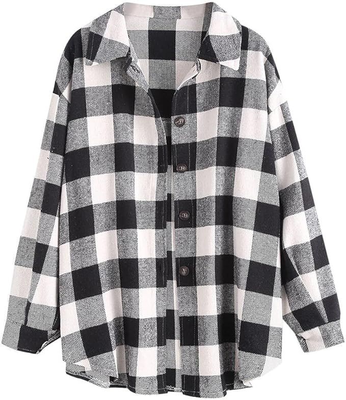 ZAFUL Women's Plaid Long Sleeve Shirt Button Down Wool Blend Thin Jacket Casual Blouse Tops with ... | Amazon (US)