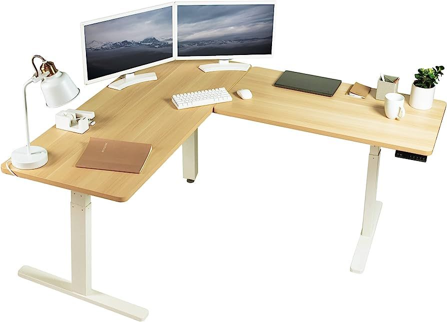 VIVO Electric Height Adjustable 67 x 60 inch Corner Stand Up Desk, 2 Light Wood Solid Table Tops,... | Amazon (US)