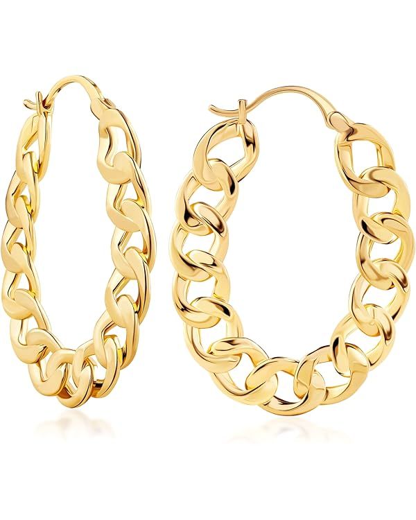 Barzel 18K Gold Plated Link Chain Hoop Earrings for Women | Amazon (US)