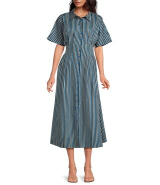 Striped Point Collar Dolman Sleeves Pleated Smocked Button Front Cotton Poplin Dress | Dillard's