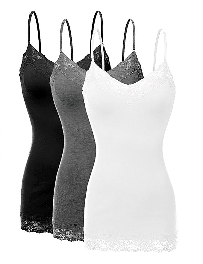ViiViiKay Women's Basic Spaghetti Strap Lace Trim Cami Tank Top Junior to Plus Blk_Char_Wht, S | Amazon (US)