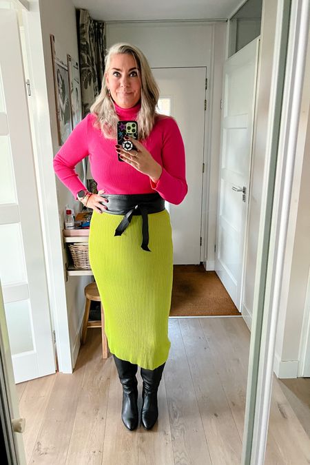 Ootd - pink fitted turtleneck sweater paired with a lime green or chartreuse knitted midi skirt, a black wrap belt (old) and black tall boots (old).  

Sizing information in the product reviews. 



#LTKmidsize #LTKworkwear #LTKeurope