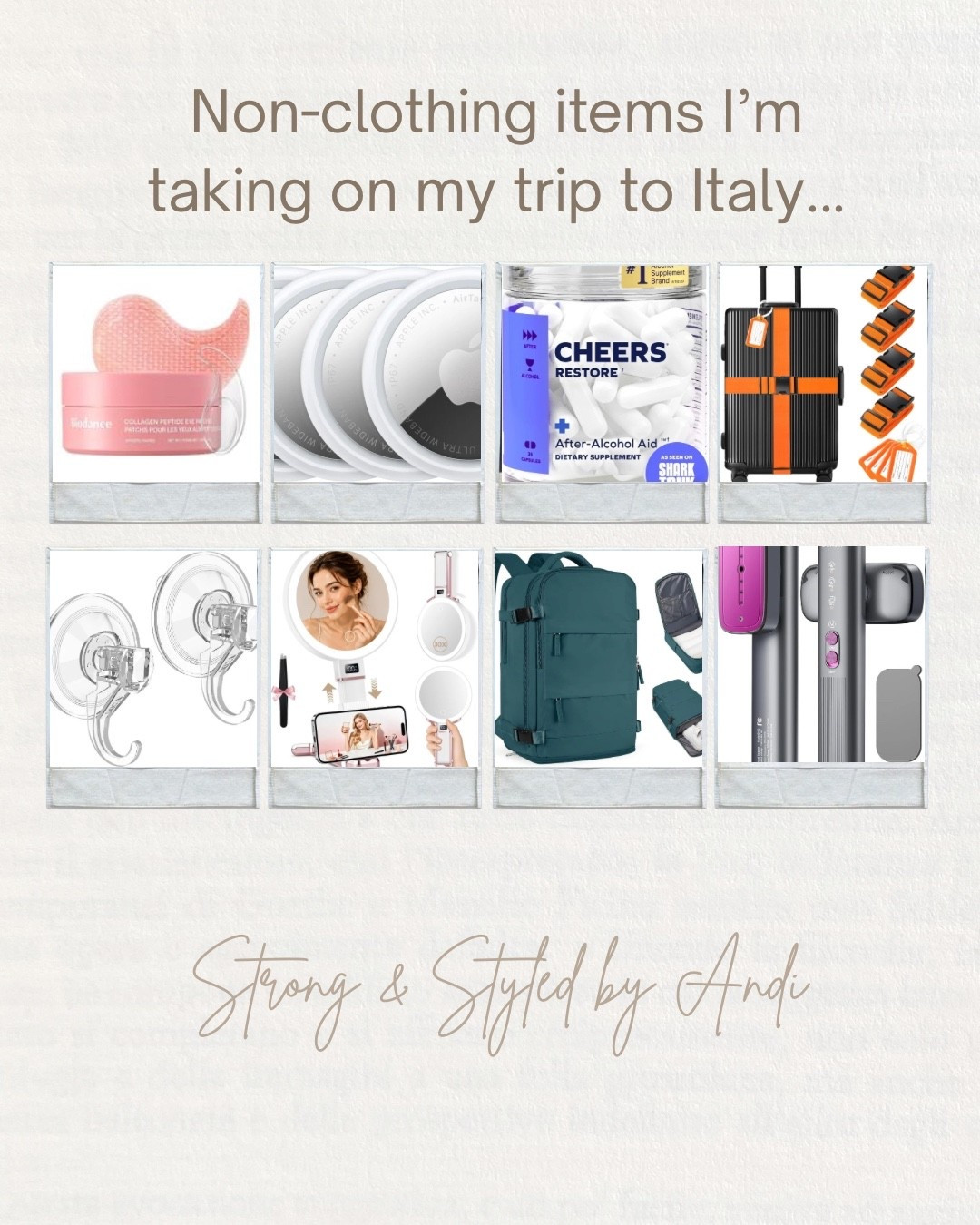 Italy packing isn’t just about the outfits! 🇮🇹✈️ I’m sharing all the little Amazon travel essentials I’m taking with me—from eye patches and AirTags to luggage straps, suction hooks, a lighted magnifying mirror, backpack, travel steamer + a magic potion for the morning after 😉🍷😂

I linked everything, including a bunch of other travel finds that aren’t pictured! 🧳✨

#LTKBeauty #LTKTravel #LTKdayinmylife