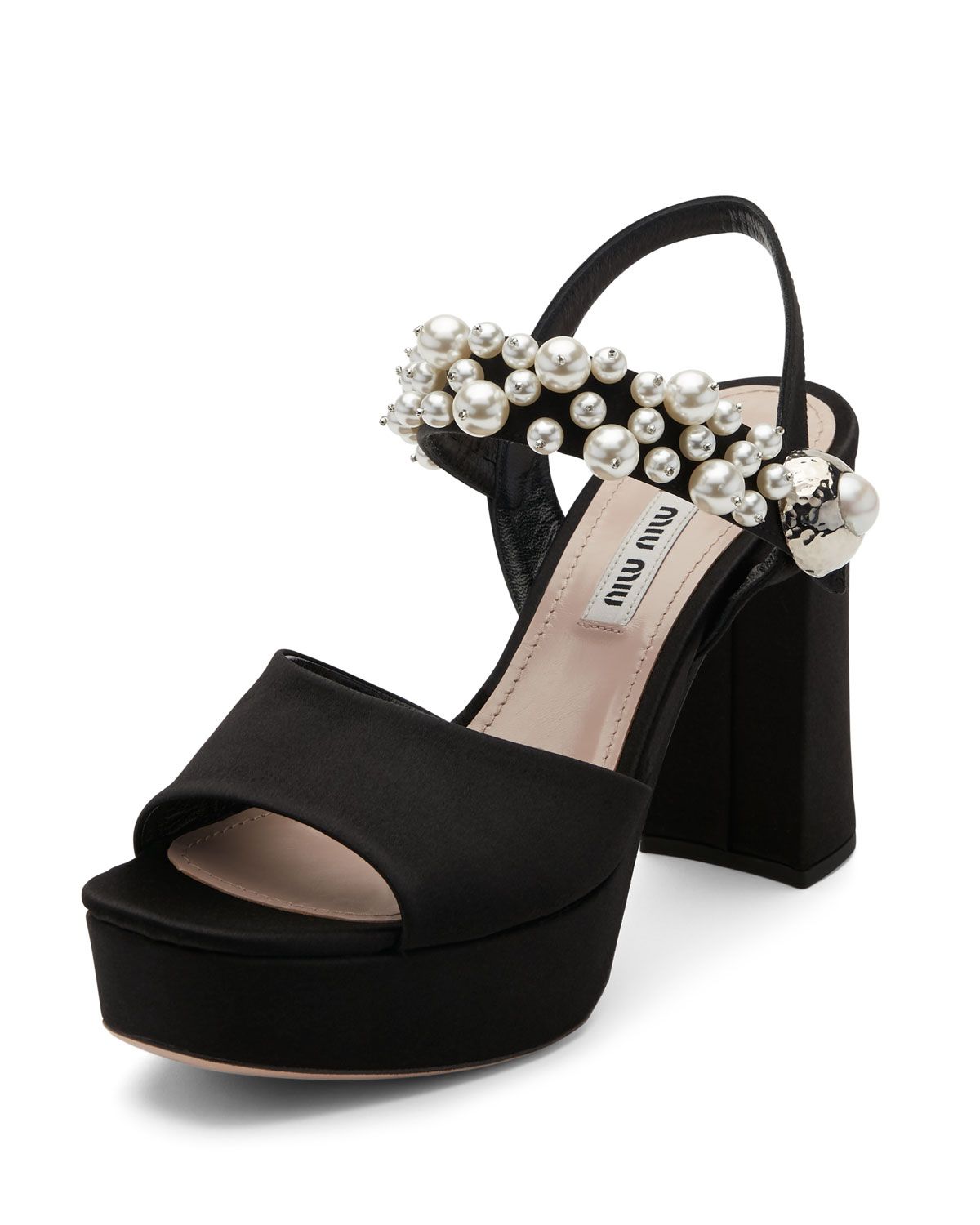 Pearly Satin Platform Sandal, Black | Neiman Marcus