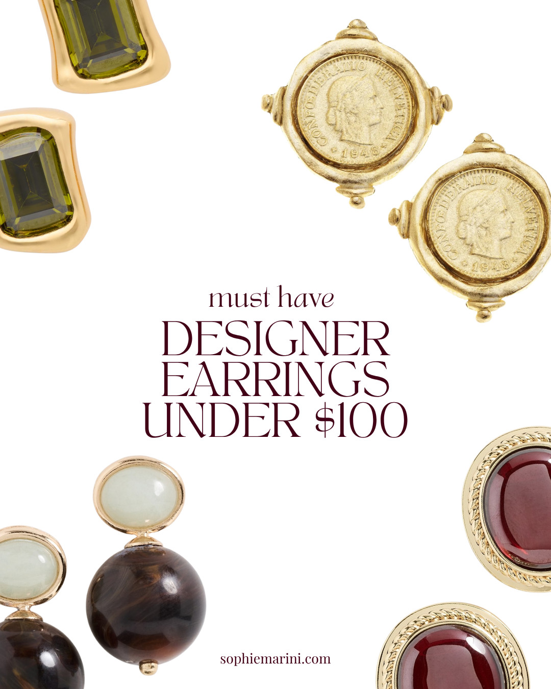 Designer Earrings under $100

[Susan Shaw coin earrings, intaglio stud earrings, Kate Spade earrings, Bead Gemstone Earrings, Garnet Studs, golf knotted stud earrings, Baby Knot Earrings] 

 