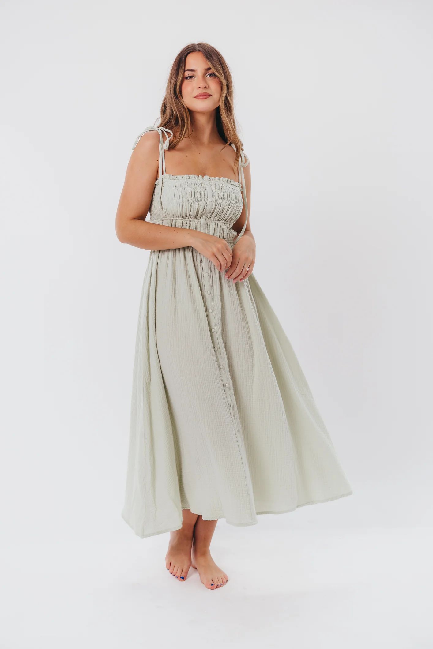 Melanie Button-Down Midi Dress in Light Mint | Worth Collective