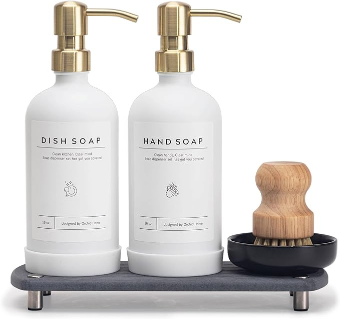 [Luxury] Kitchen Soap Dispenser Set - 16OZ White Glass Bottle, Stainless Steel Pump, Instant Dry ... | Amazon (US)