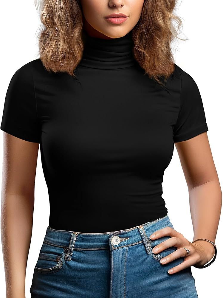Zengjo Long Sleeve Turtleneck Women Stretch/Short Sleeve Tops Fitted Tee Shirt | Amazon (US)