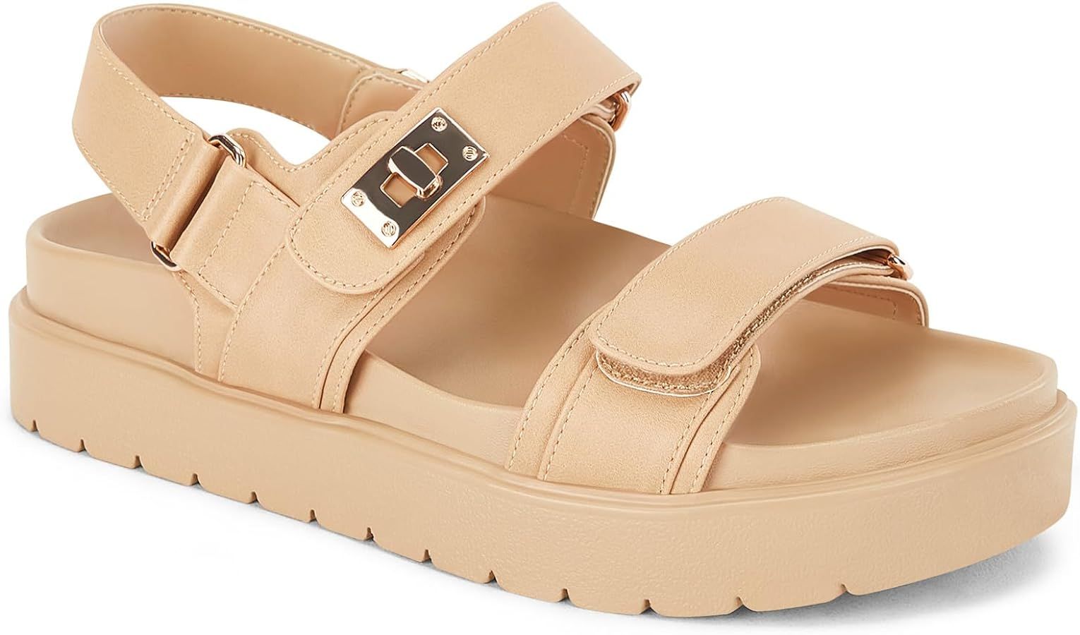 Coutgo Womens Platform Sandals Comfortable Flat Sandals Double Strap Footbed Summer Beach Sandals | Amazon (US)