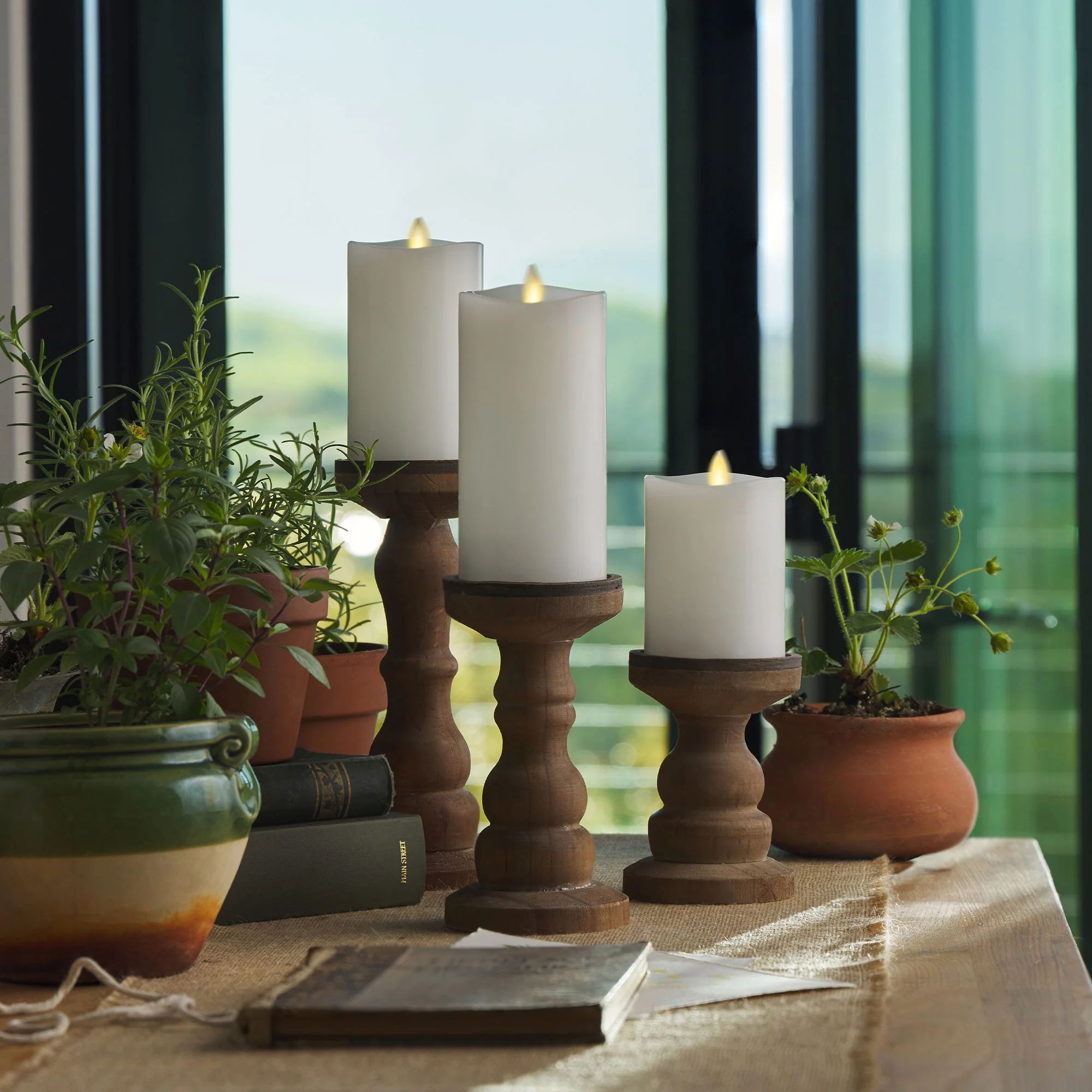 White Flameless Candle Pillars with Remote - Melted Top - Set of 3 | Luminara