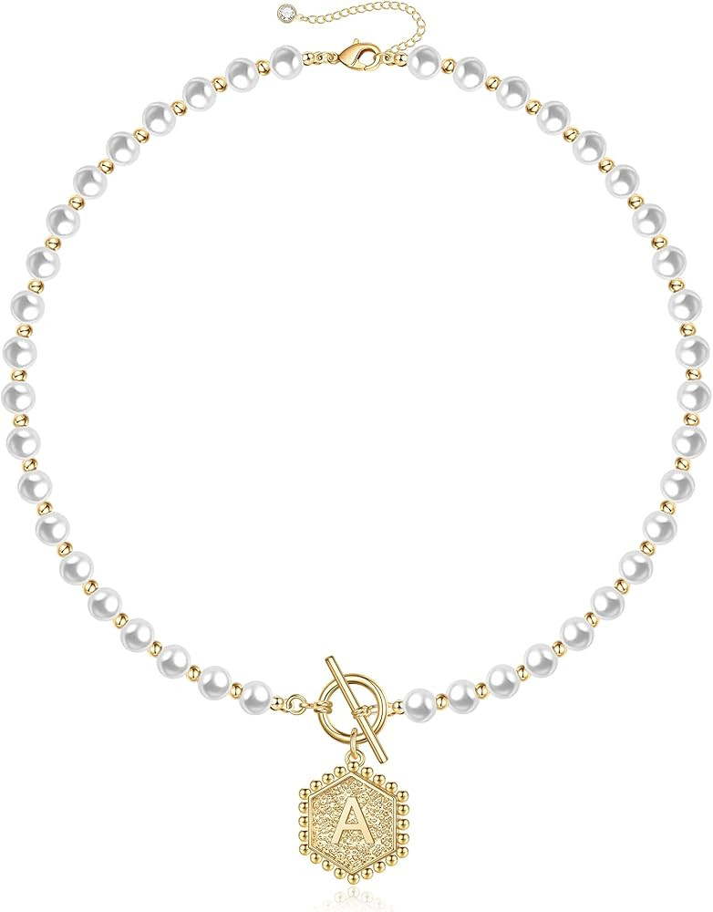 Gold Initial Pearl Necklace for Women, 14K Gold Plated Handmade 5MM Round Simulated Shell Pearl Neck | Amazon (US)