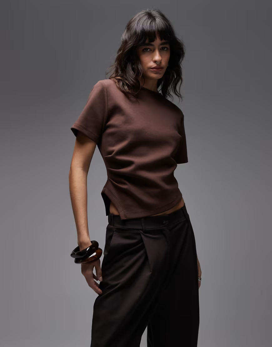 ASOS DESIGN asymmetric drape tee in brown | ASOS (Global)