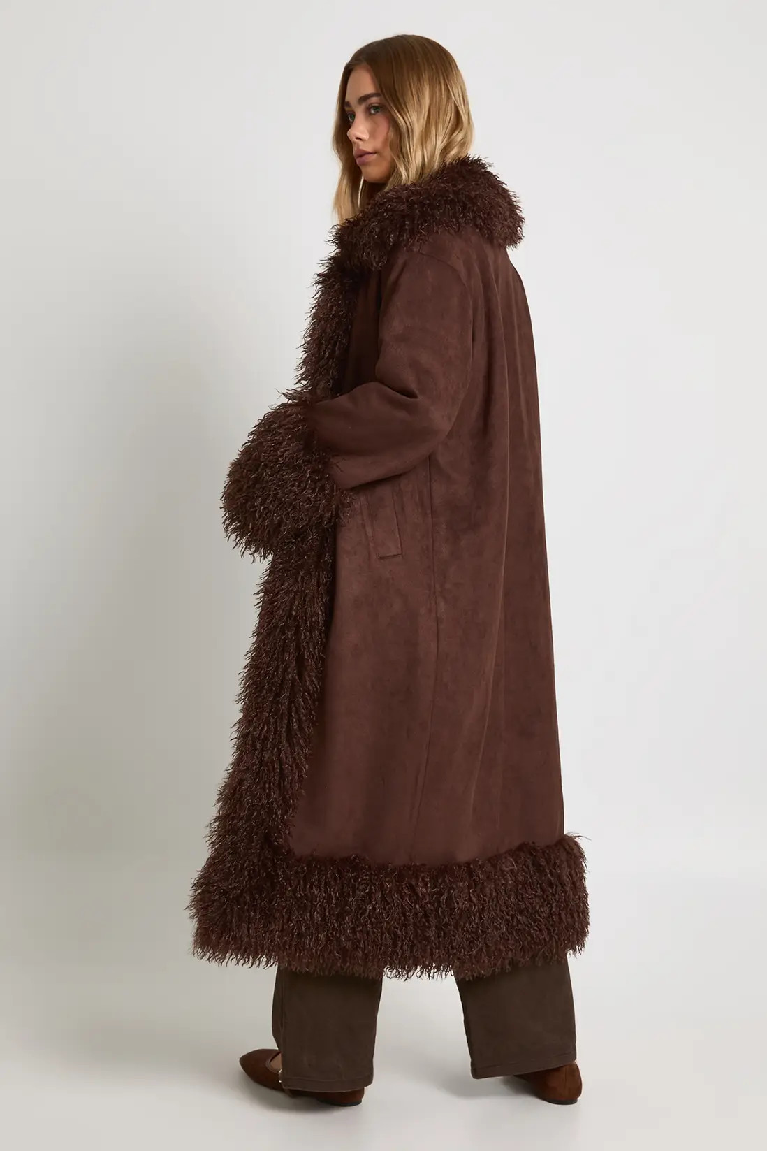Faux Fur Trim Faux Suede Maxi Coat | Boohoo.com (UK & IE)